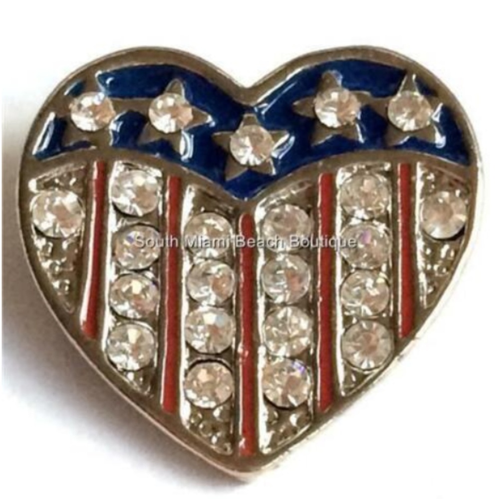 Silver Tone American USA Flag Pin Brooch Crystal Heart Enamel Patriotic July 4th